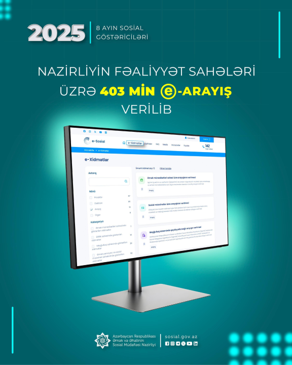 Yanvar-avqust aylarında Nazirliyin fəaliyyət sahələri üzrə 403 min e-arayış verilib