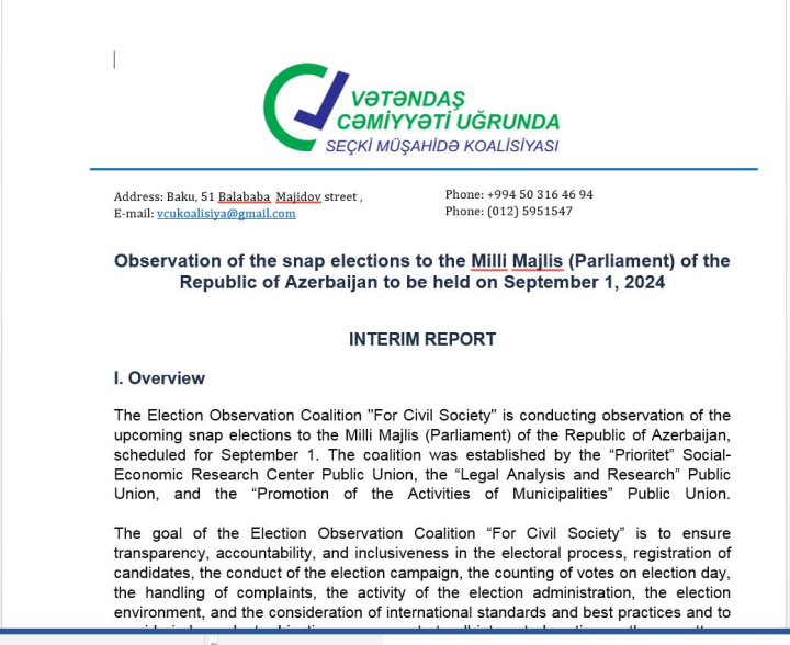 “VCU” Seçki Müşahidə Koalisiyası hesabatını beynəlxalq təşkilatlara təqdim edib