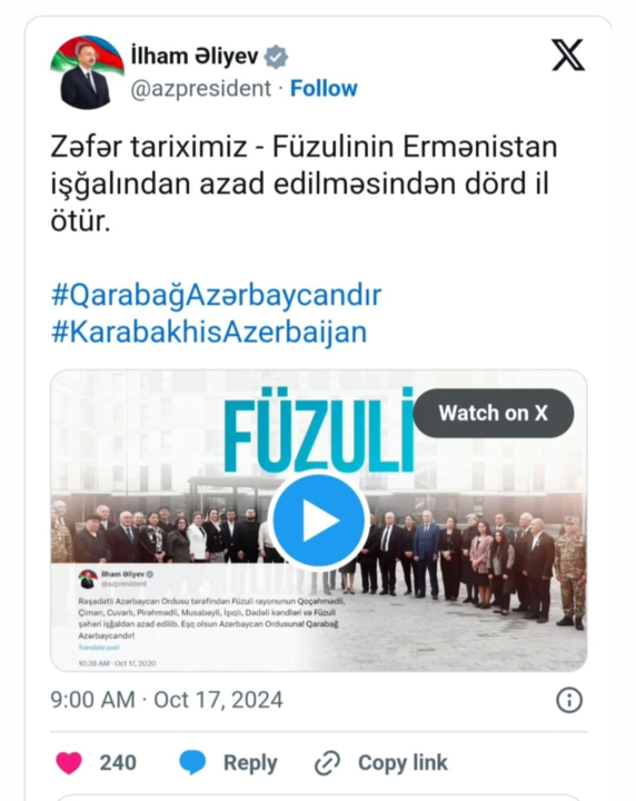 İlham Əliyev Füzulinin azad olunması ilə bağlı paylaşım edib -Video