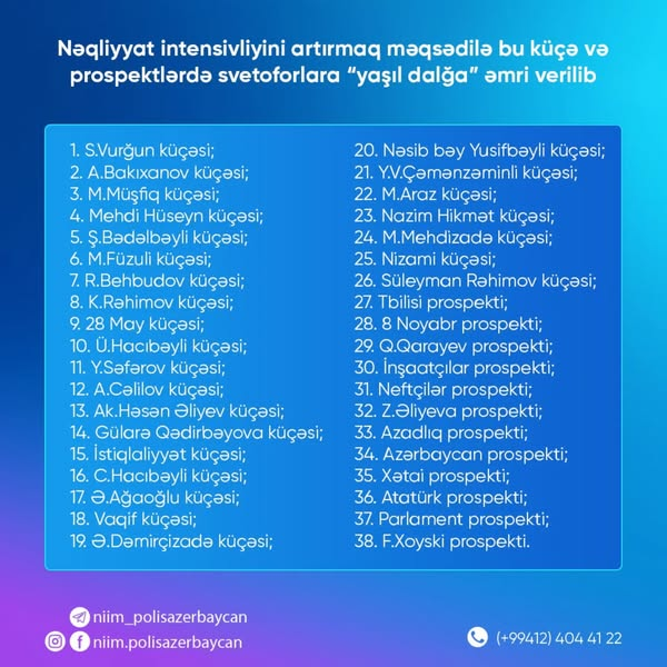 Bu küçə və prospektlərdə svetoforlara “yaşıl dalğa” əmri verilib