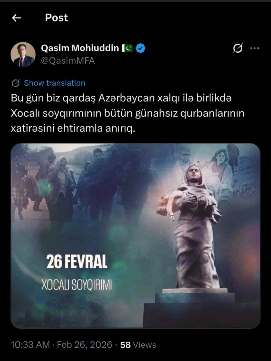 Pakistan səfiri: Qardaş Azərbaycan xalqı ilə birlikdə Xocalı soyqırımının bütün günahsız qurbanlarının xatirəsini ehtiramla anırıq